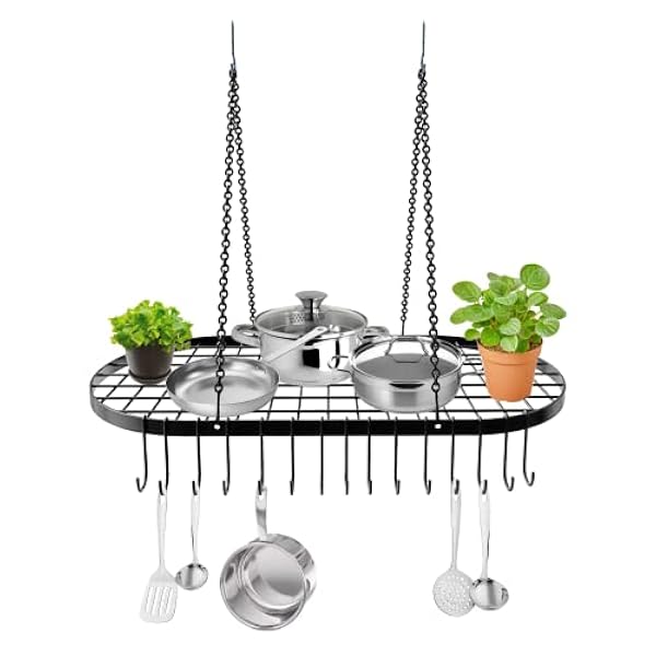 Vdomus grytställ takmontering köksredskapshylla hängande hängare organisering med krokar (33 x 17 tum)