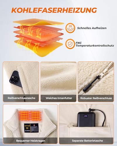 GOTOBI Beheizbare Fleece Weste Damen mit 16000mAh 7.4V Powerbank,9 Heizzonen Beheizte Fleeceweste mit 3 Einstellbar Temperatur,Wärmeweste Jacke,Heizweste Damen für Radfah, Outdoor-Arbeit,Beige,M