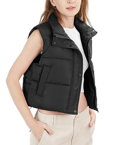 Puffer Vest Women, Sleeveless Cropped puffer Jacket Winter Lightweight Warm Outerwear Stand Collar Women's Zipper Coat Padded Gilet with Pockets, M4