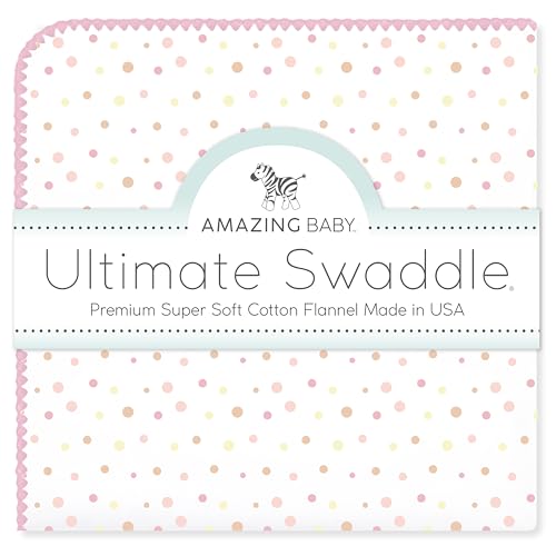 Image of Amazing Baby Large Receiving Blanket, Ultimate Swaddle for Baby Boys, Girls, Softest US Cotton Flannel, Best Shower Gift, MADE in USA, Playful Dots Multi Pink, 42x42 Inch