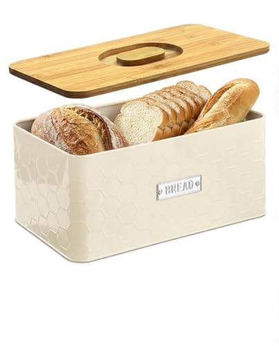 Vensovo Large Cream White Metal Bread Box with Bamboo Cutting Board Lid – Perfect for Homemade Bread & Kitchen Organisation