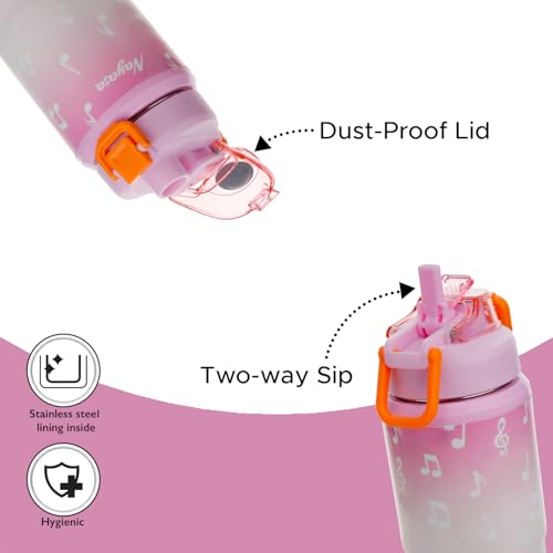 Image of Nayasa Duo-Sip Water Bottle - 730ml | Music Theme | BPA-Free, Dual Drinking Modes | Leak-Proof Insulated Steel Inner | For School, Office, Gym & Travel | Pink