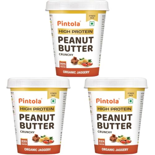 Image of Pintola HIGH Protein ORGANIC JAGGERY Peanut Butter Crunchy 510g with 33g Protein & 7g Fiber, Whey Protein Peanut Butter, Gluten Free, Zero Added Salt, Cholesterol Free, 100% Roasted Peanuts