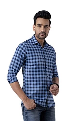 v.com Regular Slim Fit Check Shirt for Men (Medium, Blue)