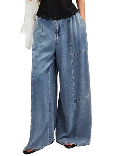 SCOFEEL Women's Wide Leg Denim Pants High Waisted Lightweight Jean Pants Summer Flowy Beach Trousers with Pocket