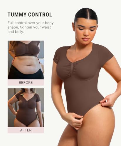 Image of FeelinGirl Short Sleeve Shapewear Bodysuit for Women V Neck Tummy Control