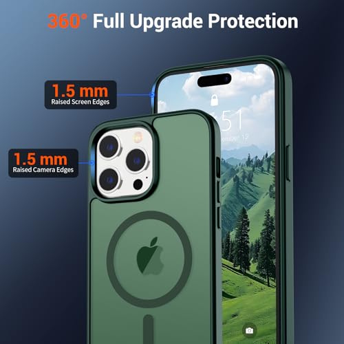 Image of SUPFINE Magnetic for iPhone 14 Pro Case (Compatible with MagSafe)(Military Grade Drop Protection) Translucent Matte Shockproof Phone Case,Forest Green