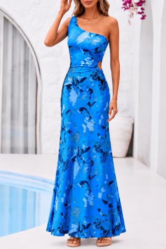 Image of One Shoulder Dress for Women 2026 Summer Print Sleeveless Cut Out Ruched Party Bodycon Maxi Dresses