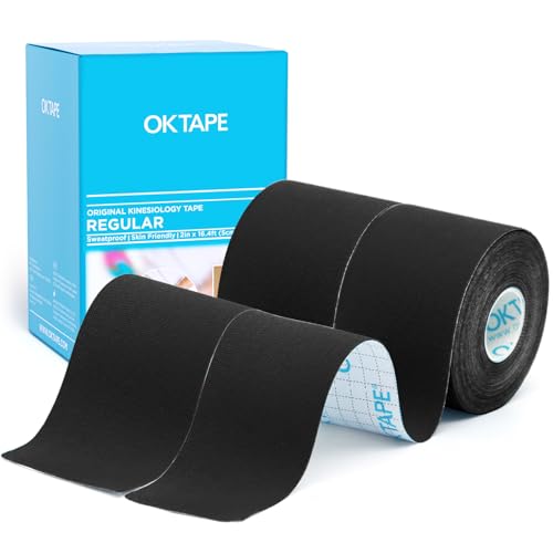 Image of OK TAPE Kinesiology Tape (2 Pack) Latex Free Cotton Uncut 2in x 16.4ft | Regular Original Elastic Water Resistant Therapeutic Athletic Tape for Support Muscle Joint Knee Injury Recovery Black