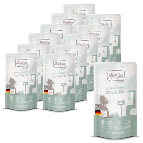 MjAMjAM - Comida húmeda premium para gatos - Quetschie - DUO de deliciosa ternera y arenque, pack de 12 (12x125g), sin cereales