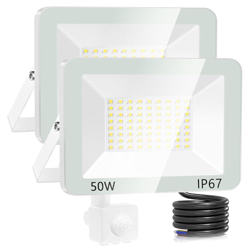 50W Projecteur LED Extérieur Détecteur de Mouvement, 2 Pièces IP67 Étanche Spot LED Extérieur Avec Detecteur, 5000LM Blanc Froid Éclairage de Sécurité...