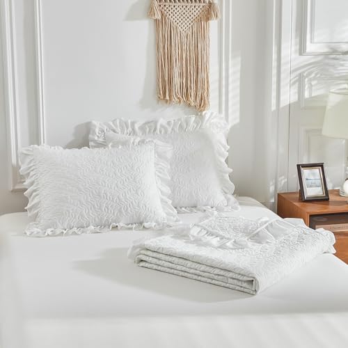 Ruffled Quilt Set California King Size 100 * 114 in - 3 Pieces Solid Shabby Chic Farmhouse Ruffle Bedding Rustic Coverlet & Sets Lightweight Fluffy Summer Oversized Bedspread with Shams - White - Image 9