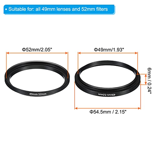 Image of PATIKIL 49mm-52mm Metal Step Up Ring, 2 Pack Camera Lens Filter Adapter Ring Aluminum Filter Adapter Ring for Camera Lenses Hood, Black