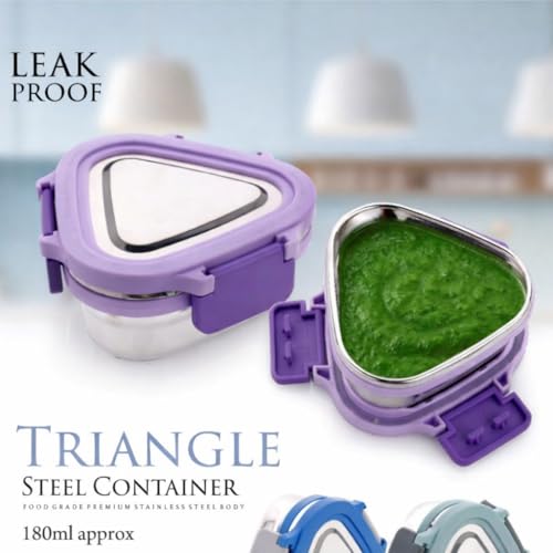 Image of Stainless Steel Triangle Lunch Box for Office School Use | Leakage Proof Safe Food Containers with Side Clip Locks for College,Travel,Picnic | Lunch Box for Kids Boys Girls (800ml+180ml)