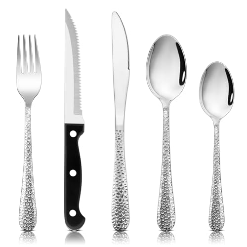 HaWare 30 Piece Cutlery Set, 24 Piece Stainless Steel Hammered Flatware Silverware with 6 Steak Knives Include Forks Spoons, Mirror Polished & Dishwasher Safe - Service for 6
