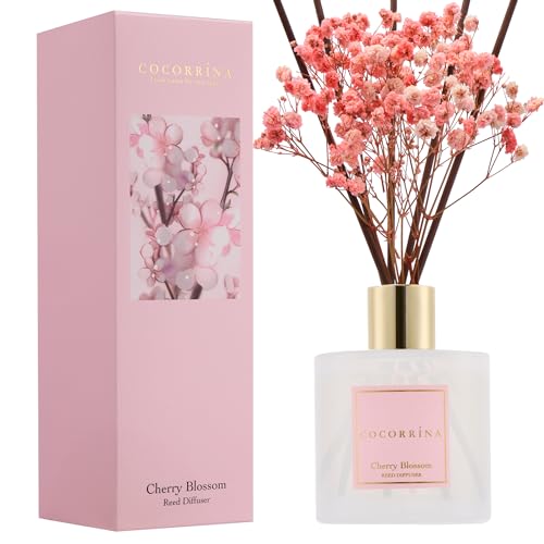 Image of COCORRINA Reed Diffuser - Cherry Blossom 6.7 Fl.oz Reed Diffuser Set with Sticks & Preserved Baby's Breath, Reed Diffuser for Home Bathroom Shelf Decor