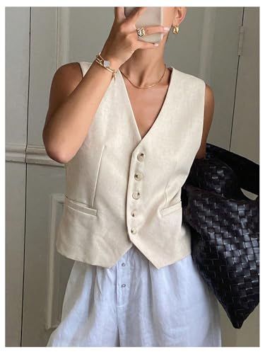 GORGLITTER Women's Button Down Linen Vest Sleevless V Neck Dressy Suit Vests Blazer3