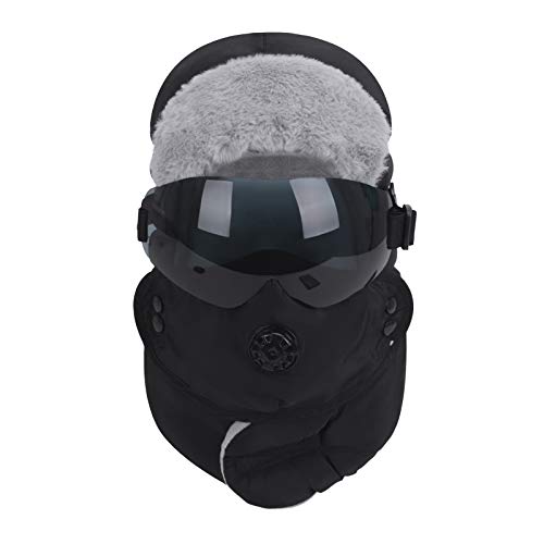 Windproof Full Cover Balaclava With Glasses Men Women Winter Thermal Plush Lining Ski Camping Full Hood Earflap Cap Snowproof Hunting Trapper Hat Cycling Bike Ushanka Russian Hat Black #TOP4