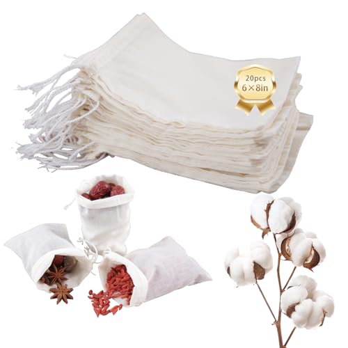 20pcs Muslin Bags with Drawstring,6x8 Inch White Spice Bags,Safe and