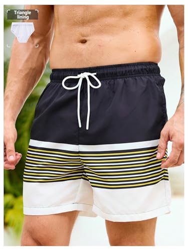 OYOANGLE Men's Swim Trunks Color Block Striped Drawstring Beach Board Shorts with Pocket2