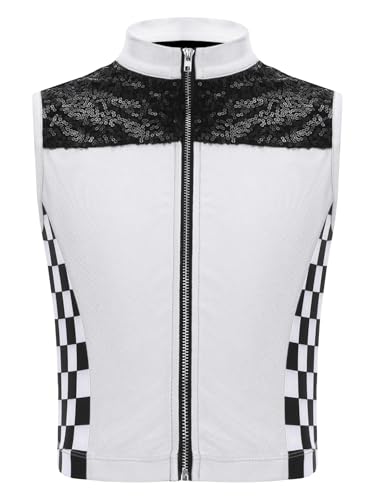 Hansber Kids Girls Shiny Sequined Zipper Vest Hip Hop Jazz Dance Top Outerwear Sleeveless Bomber Jacket Outerwear