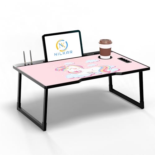 Image of LIDBOX Smart Multipurpose Foldable Laptop Table with Cup Holder, Study Table, Bed Table, Breakfast Table, Foldable and Portable /Ergonomic & Rounded Edges /Non-Slip Legs (COT UNICORRNS)