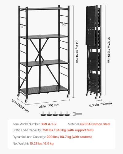 Image of VEVOR 4-Tier Foldable Storage Shelf, 28W x 13D x 54H Inch Folding Metal Rack Shelving Unit, No Assembly Organizer Shelf with 5 Wheels & 4 Hooks for Pantry, Kitchen, Garage, Basement, Black