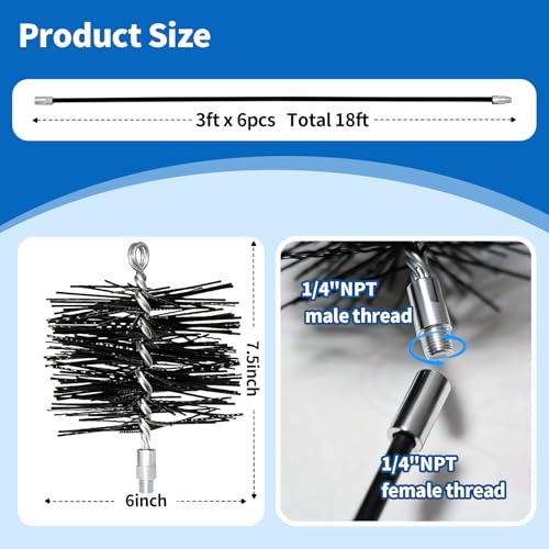 Image of 6 Inch Chimney Brush and 18 Ft Fiberglass Chimney Rod Kit for Hearth Fireplace, for Straight Chimney Pipes and Flue, 1 /4 inch NPT Fittings