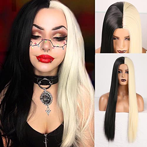 RDY Half Black/Blonde Full Machine Made Wig 24inch Long Silky Straight Synthetic Wigs for Black Women Fashion Cosplay Wig