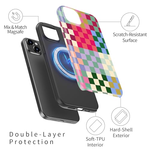 Image of Goodon for iPhone 14 Plus Case Cute - Wireless Charging Compatible - Dual-Layer Hard Shell + Silicone Cover - Protective Phone Case with Trendy Designs for Women - Patchwork Checkerboard