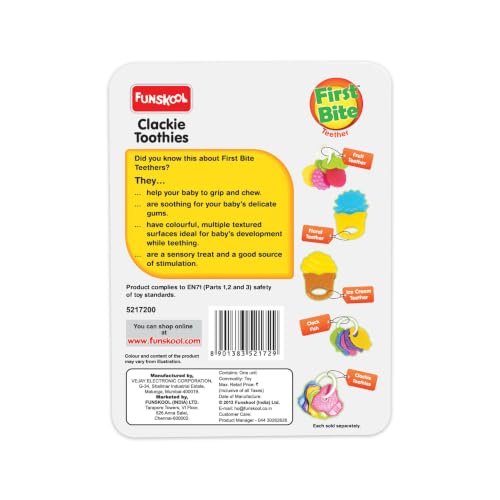 Image of Funskool Giggles, Clackie Toothies, Teether for Babies to soothen their gums, Easy to Grasp,hold and chew, 3 months & above, Infant Toys