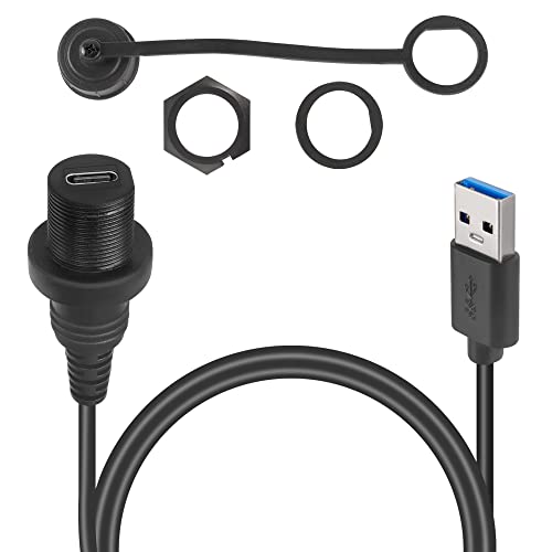 QIANRENON USB C to USB 3.0 Threaded Flush Mount Waterproof Cable Adapter 5Gbps USB 3.0 Male to USB C Female Panel Mount Extension Cable