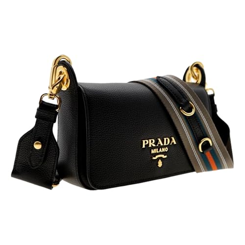 Prada Milano Small Leather Crossbody Bag, Black with Web Strap, 8 x 5 x 2 inches2