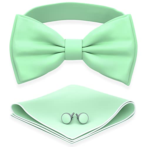 Image of Adam Young Men's Bow Ties with Handkerchief & Cufflinks Pre-Tied Style Formal Satin Classic Bowtie for Tuxedo Faux Silk