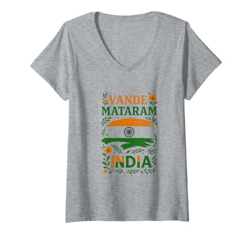 Womens Vande Mataram India Flag Patriotic Artwork – Tricolor Floral V-Neck T-Shirt