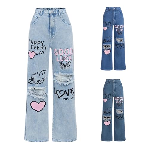 Baggy Jeans Mädchen Y2k Druck Zerrissene Jeanshose mit Taschen...