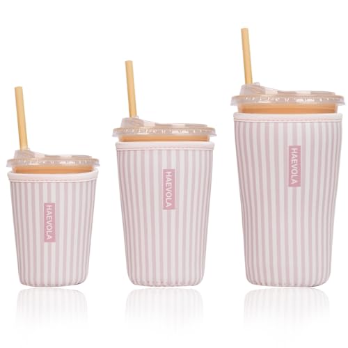 Reusable Insulated Neoprene Iced Coffee Cup Sleeve Durable Drink Sleeve for Cold Beverages Beverage Holder for Iced Coffee Pink Stripes