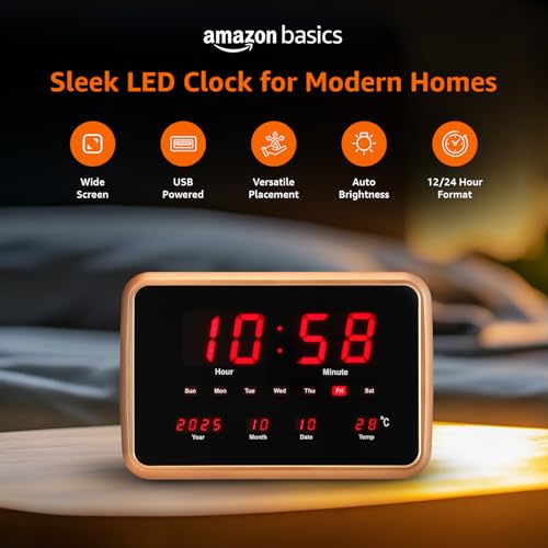 Image of Amazon Basics LED Digital Wall and Table Clock with Auto Brightness, Golden color, HIPS Material,USB Powered, 12 /24 Hour Format, Large Display for Living Room, Bedroom or Office (Size: 38 x 25 x 3.4 cm)