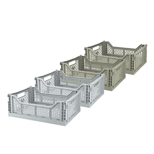 Box and beyond - Lot de 4 Caisses de Rangement pliables - 40 x 30 x 15 cm - Plastique Gris et Vert - Pliables - Avec Poignées - Rangement - Cuisine, Bureau,...