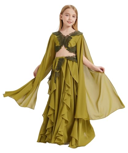 Girls' Elegant Olive Green Chiffon Dress Lace Trim Ruffled Skirt Flowing Cape Sleeves Vintage Folklore Dresses