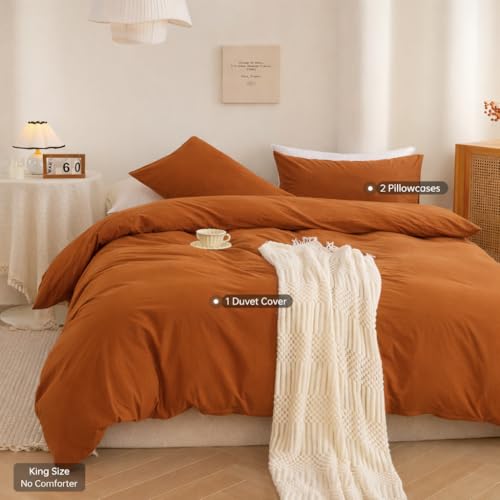 Image of ECOCOTT Orange Duvet Cover King Size, 3 Piece 100% Washed Cotton 1 Duvet Cover with Zipper and 2 Pillowcases, Ultra Soft and Easy Care Breathable Cozy Bedding Set (Orange,King)