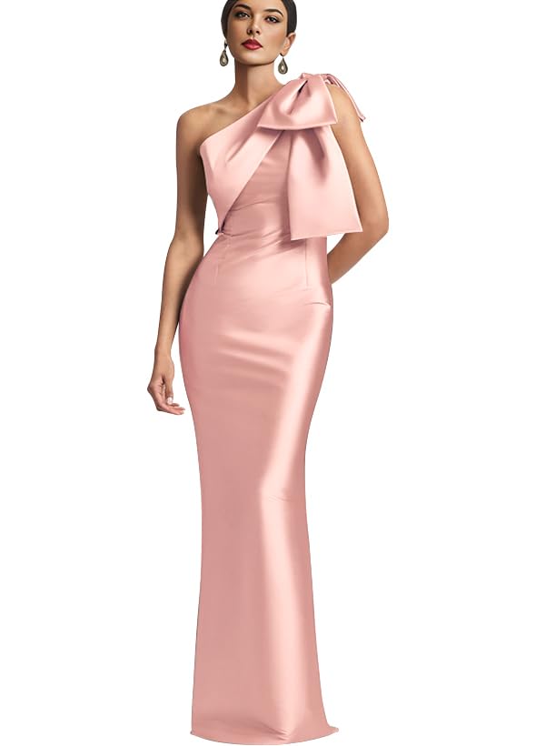 Image of IIF One Shoulder Bow Prom Dress for Women Mermaid Satin Formal Dresses Long Bodycon Evening Cocktail Gowns IIF043