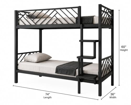 Image of Metal Bunk Bed Twin Over Twin with Ladder, Heavy Duty Steel Frame, Space Saving Kids & Adult Bunk Bed, Safety Guard Rails, Noise-Free, Black, 74 x 36 x 60 Inches