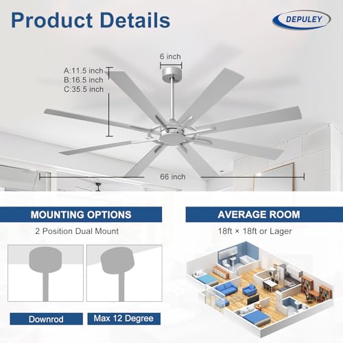 Image of Depuley Ceiling Fan Without Light: 66 Inch Big Indoor Outdoor Fan with Remote APP Control - Large Modern Silver Ceiling Fan no Light 8 Blade Reversible Quiet DC Motor Memory Function Timer