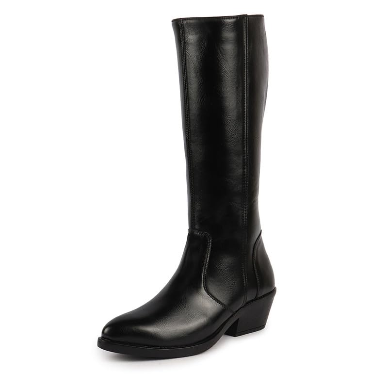 FAUSTO FST KI-799 BLACK-40 Womens Black Knee Length Side Zipper Closure Pointed Toe Flared Heel Boots (7 UK) (B0CM9RLNVK) Amazon Price History, Amazon Price Tracker