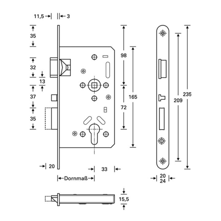 Panik-Einsteckschloss Ser.20 APK Fkt.E rd 24/65/72/9mm DIN re.VA selbstverr.SSF