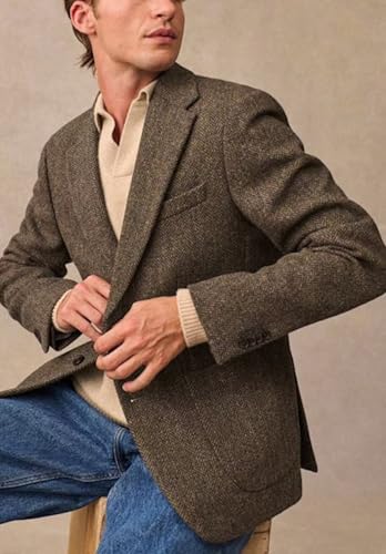 Men's Vintage Herringbone Blazer Single Breasted Tweed Blend Sports Jacket with Pockets2
