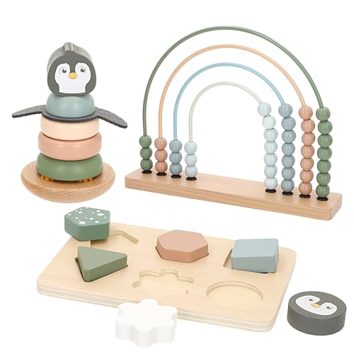 WOOMAX Set 3 Juguetes Madera bebé, Ábaco arcoíris, Apilable pingüino, Puzzle encajable, Colores Pastel, A Partir de 12 Meses, Certificado FSC, Juego Educativo, Juegos para bebés (39251)