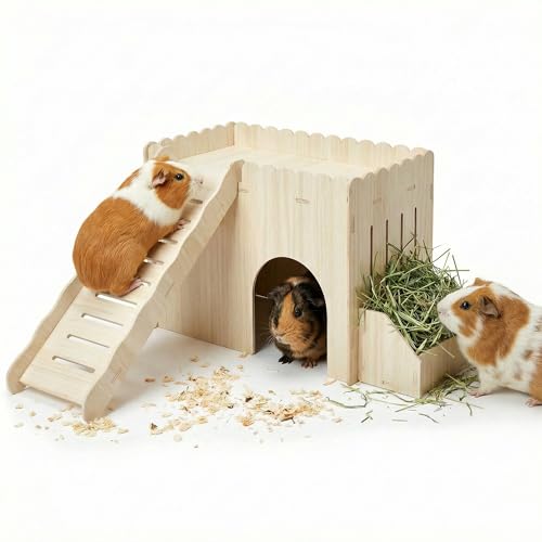 Solvify Extra Large Guinea Pig Hideout Wooden Bunny Climbing Toys Castle House with Ramp and Feeder Enrichment Accessories for Rabbit Chinchilla Hamster Hutch Cages for Small Animals