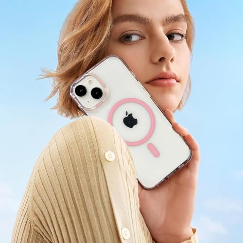Image of Elzzi Translucent Clear Back Cover Compatible with iPhone 15, PC Shockproof Scratch Resistant, Non-Yellowing, Support Mag-Safe Wireless Magnetic Charging Case - Pink